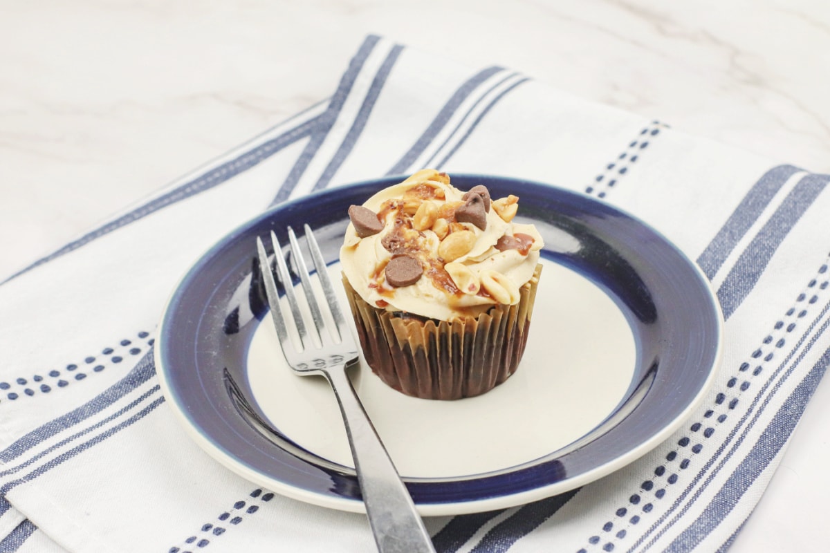 Chocolate and peanut butter cupcake on blue and white plate