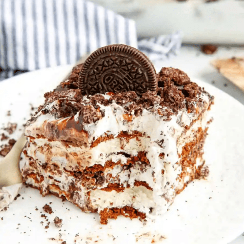 Oreo Ice Cream Cake on white plate