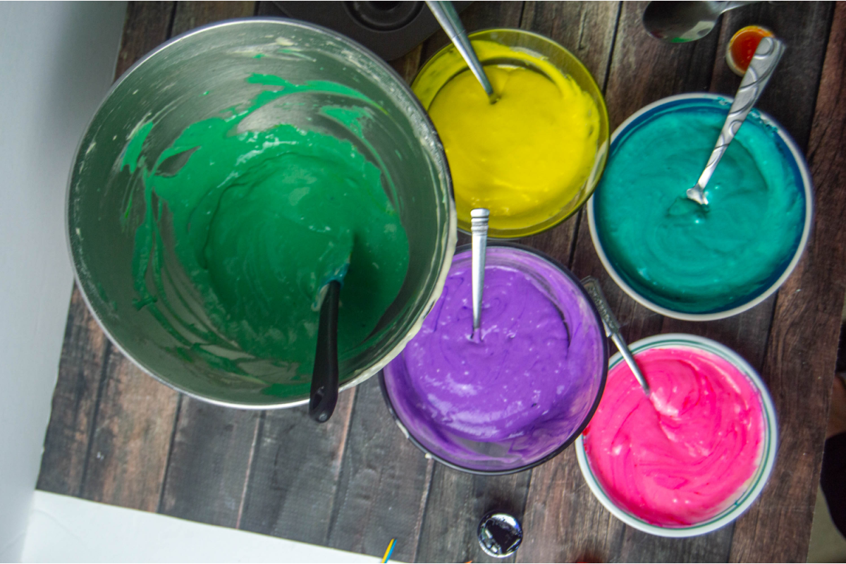 Donut batter colored with food coloring