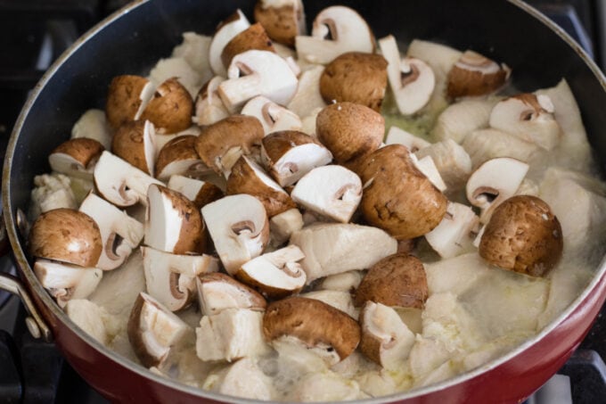 Chicken and mushrooms in frying pan