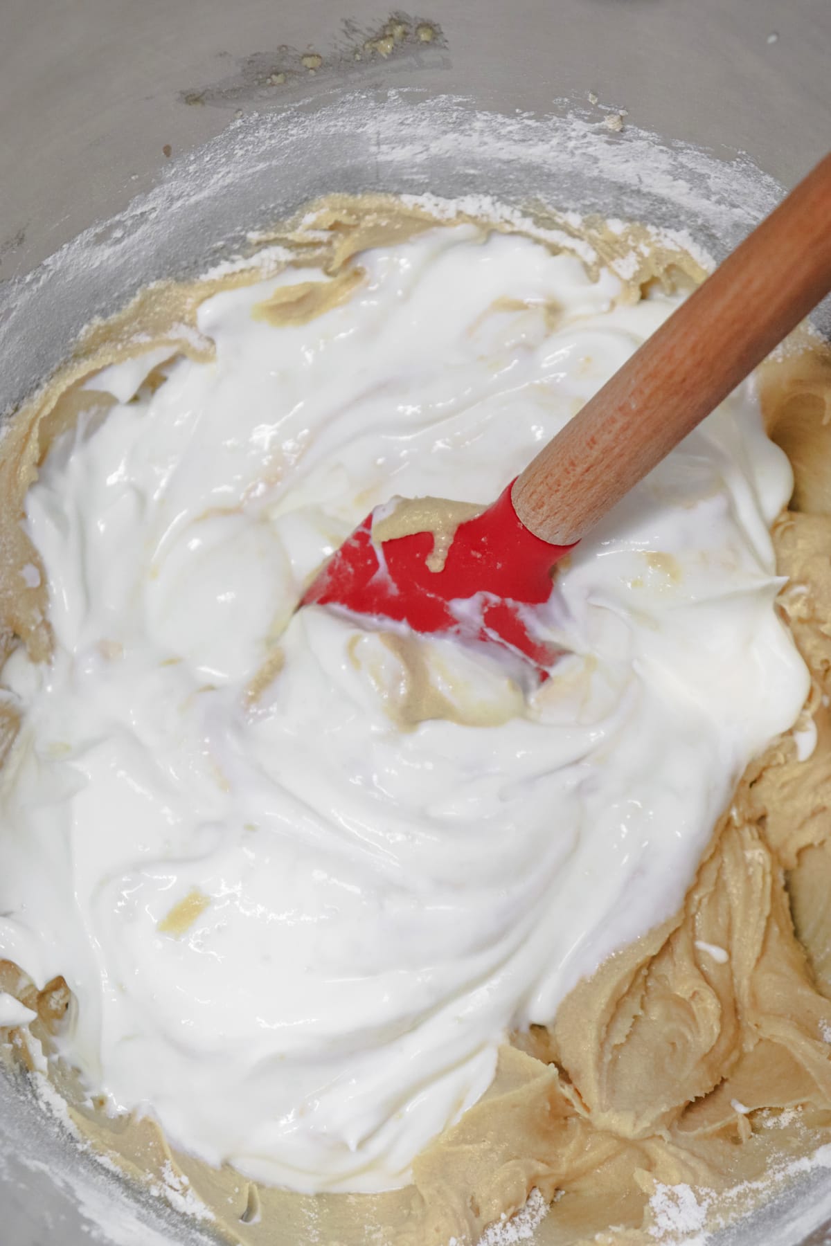 Greek yogurt mixed into coffee cake batter