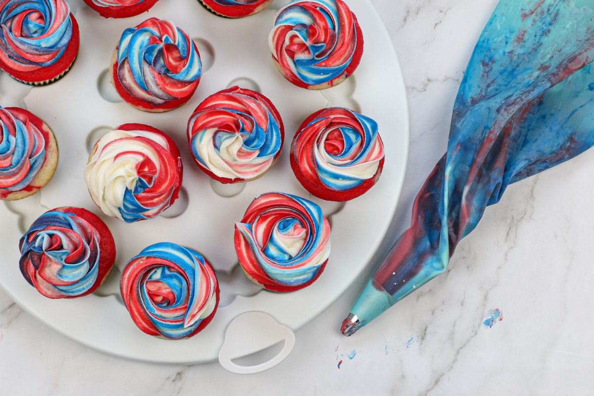 Frosted red white and blue cupcakes