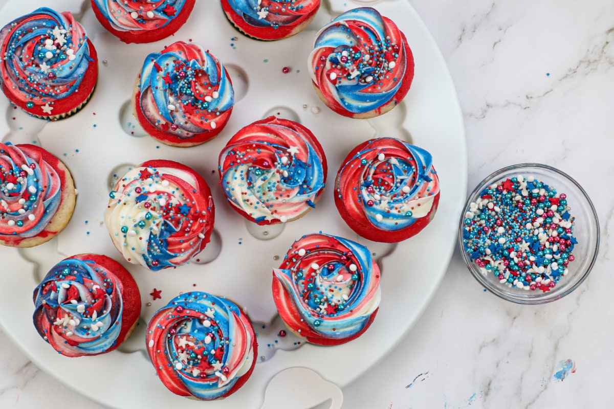 Red white and blue cupcakes with patriotic sprinkles