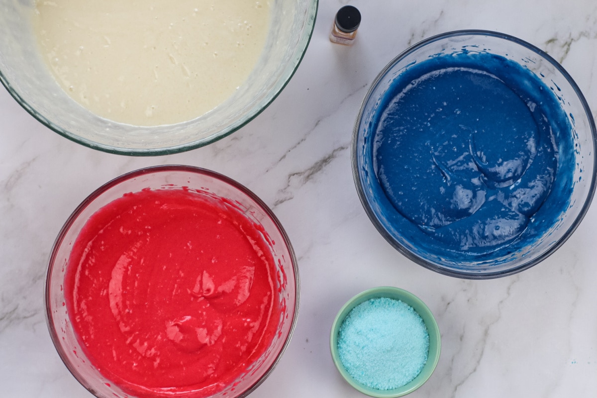 Cake mix colored red and blue