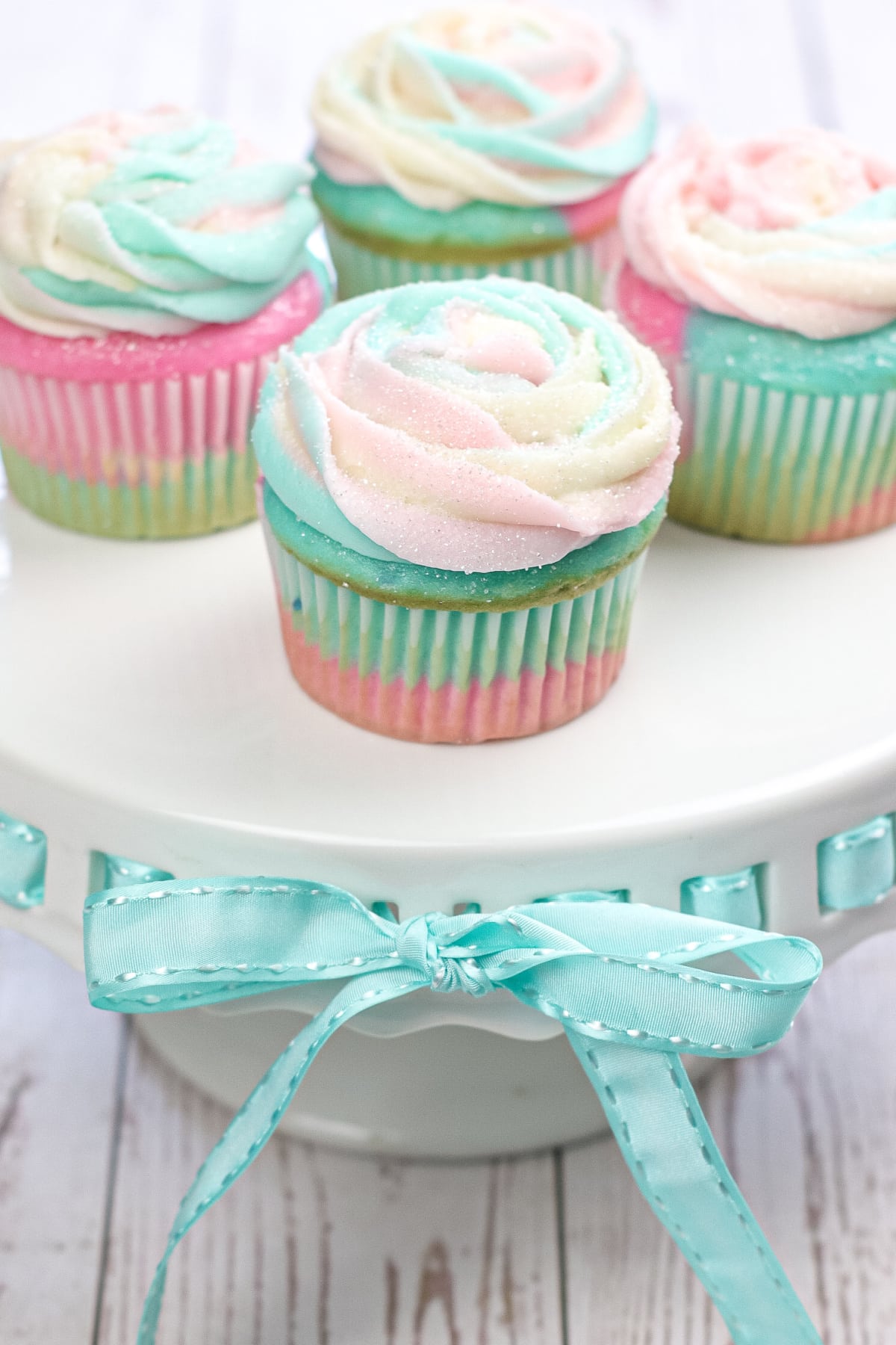 Cotton Candy Cupcakes on cake stand