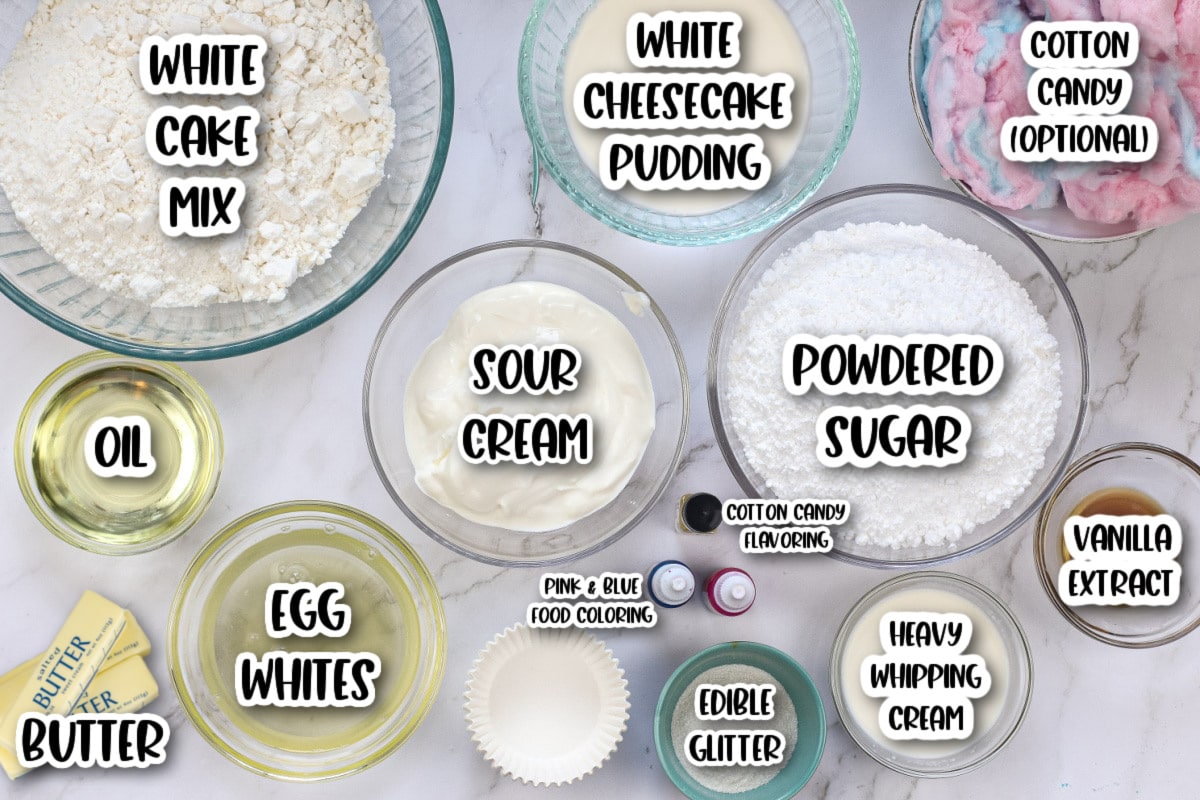 Ingredients for cotton candy cupcakes