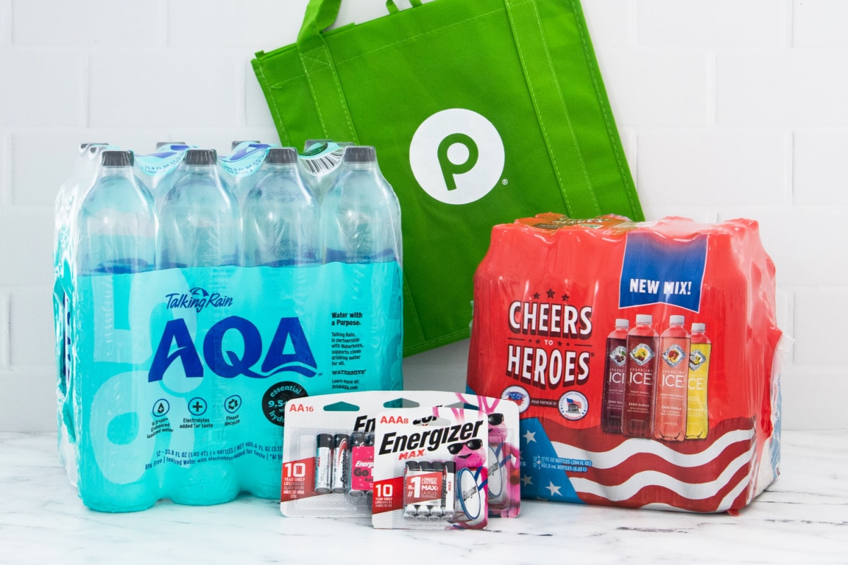Water, Sparkling Ice and Energizer Batteries with Publix bag