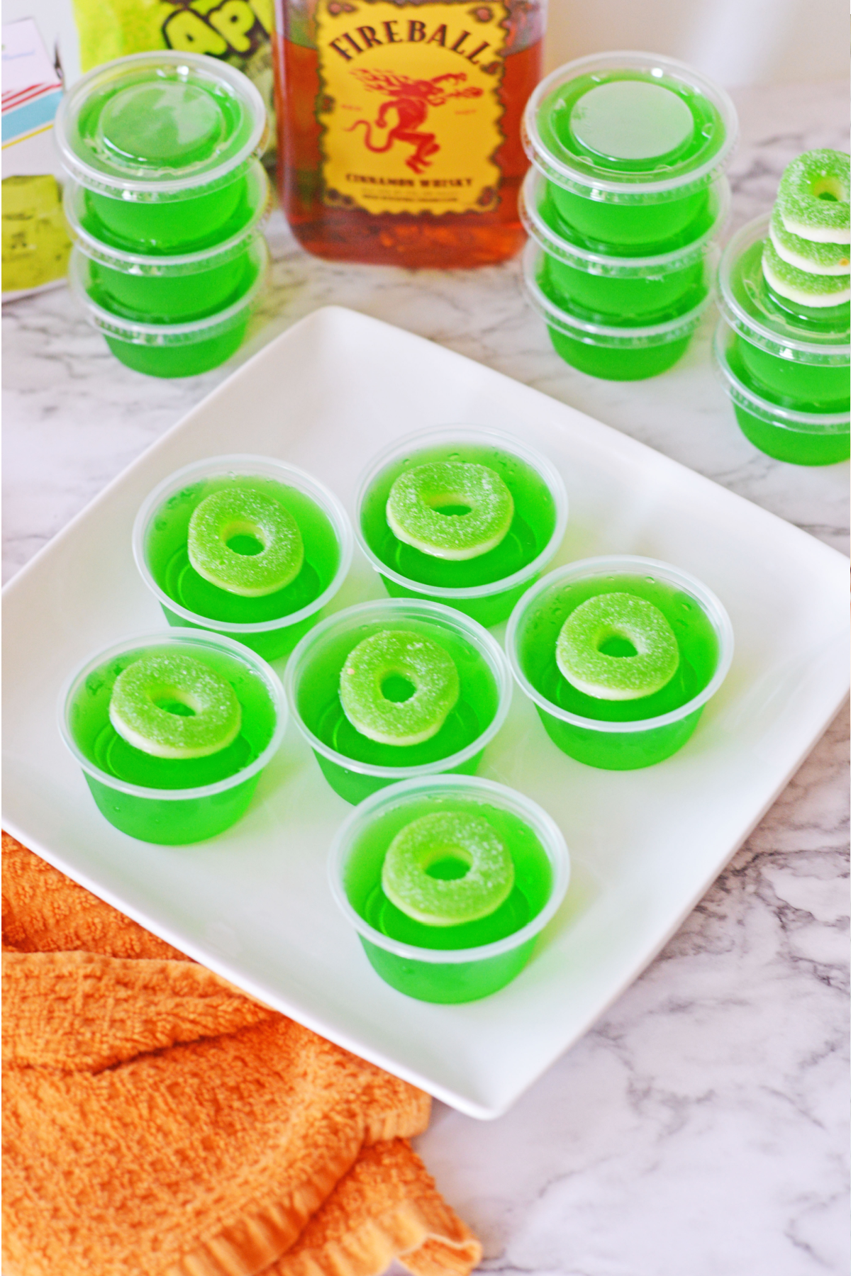 Green Apple Fireball Jello Shots with AppleO candy