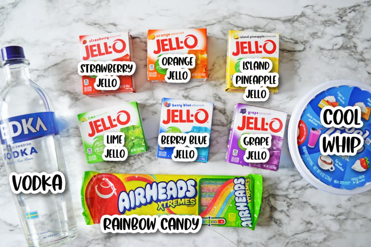 Ingredients for rainbow jello shots
