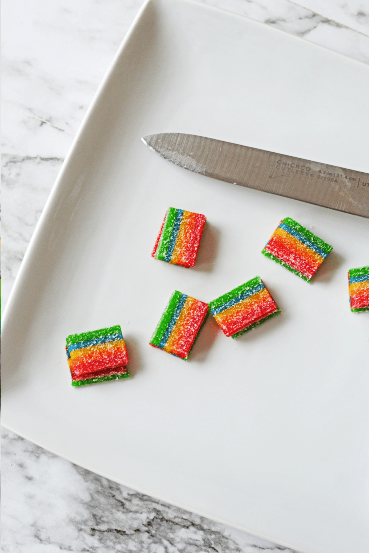 Rainbow candies cut into pieces