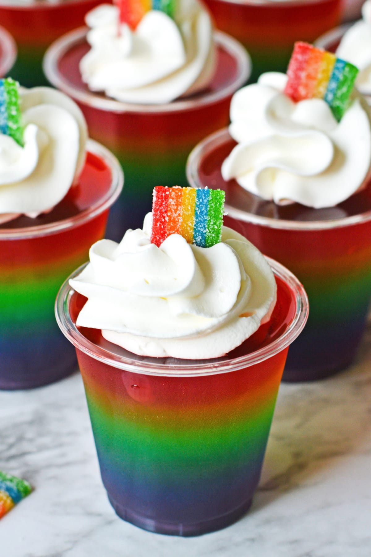 Rainbow jello shots with rainbow candy