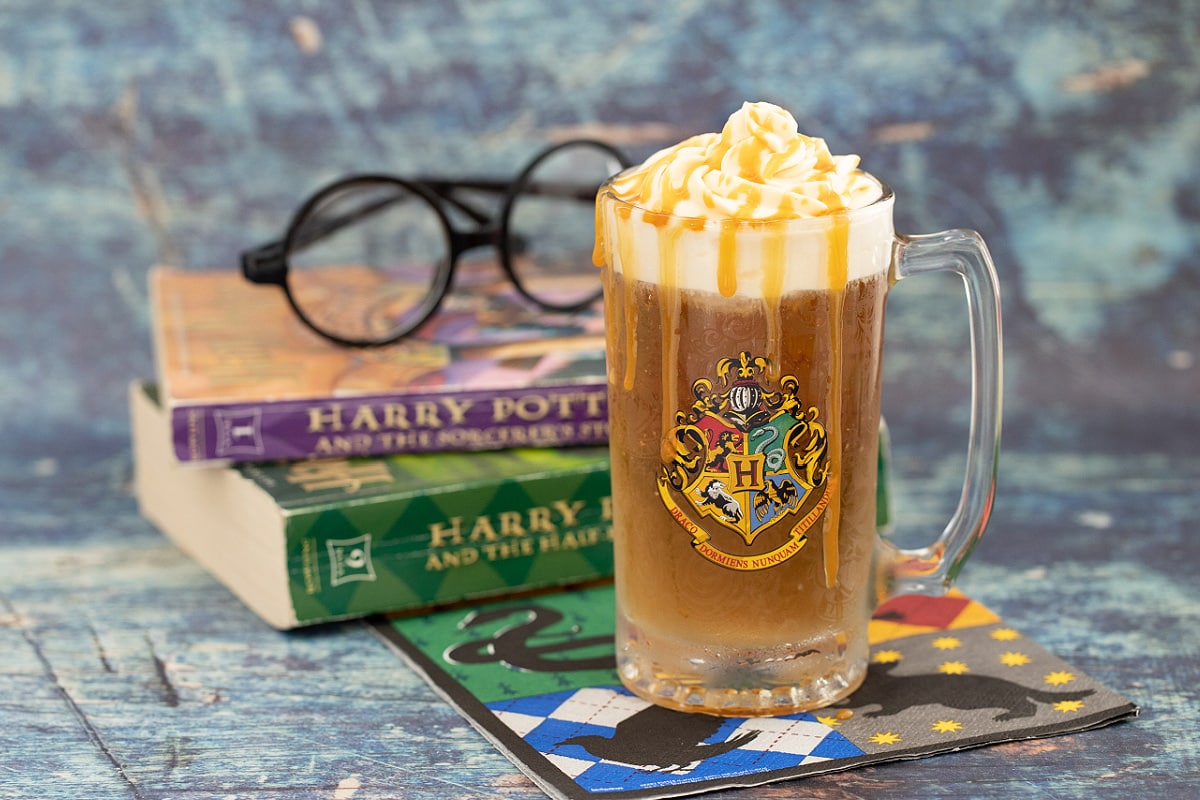 Glass with Harry Potter butterbeer on napkin