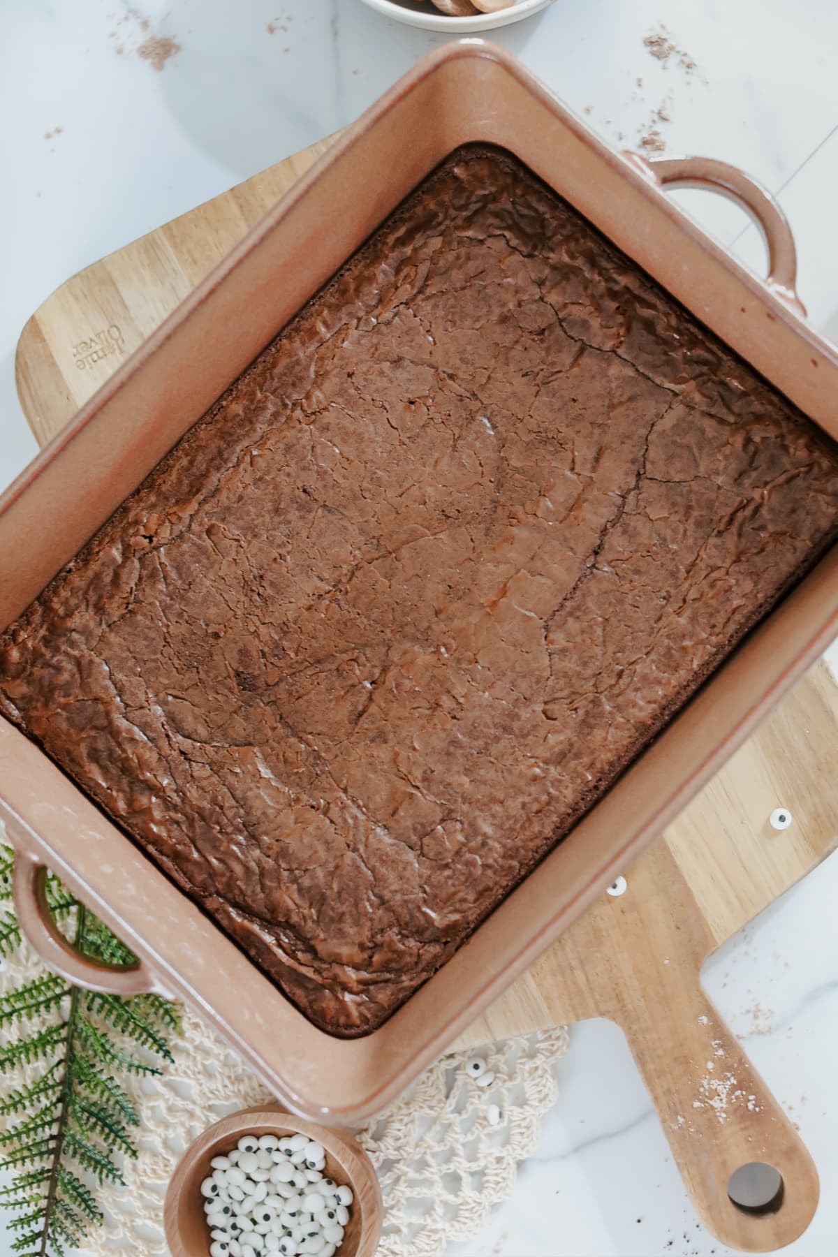 Baked brownies in pan