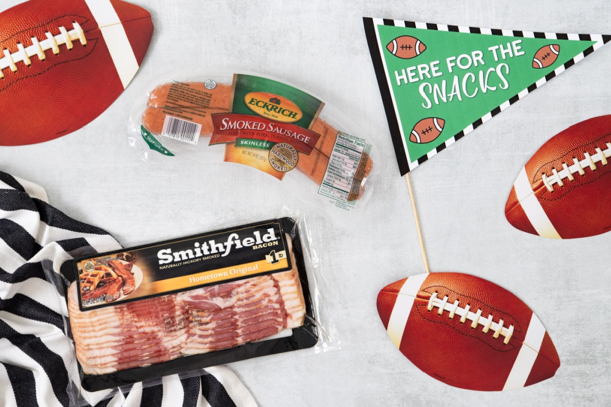 Bacon and sausage with game day decorations