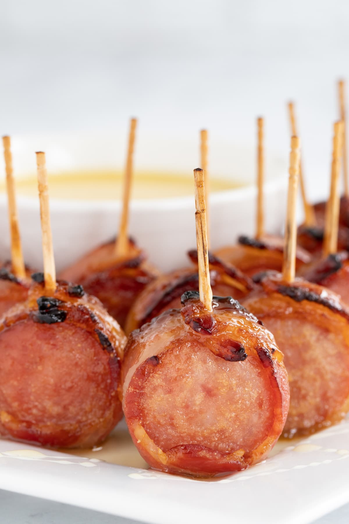 Bacon wrapped sausage up close
