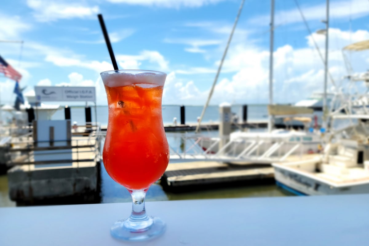 Cocktail with harbor in background