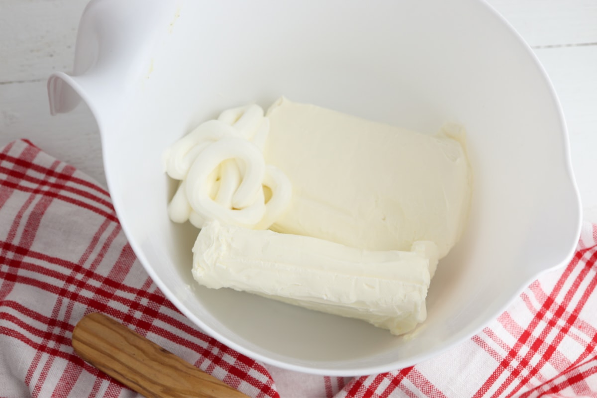 Cream cheese and sour cream in bowl