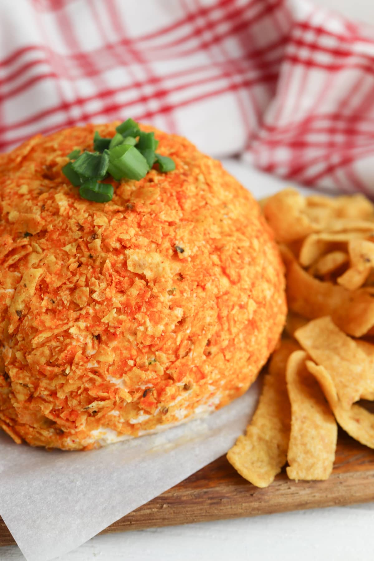 Halloween cheese ball with red and white napkin