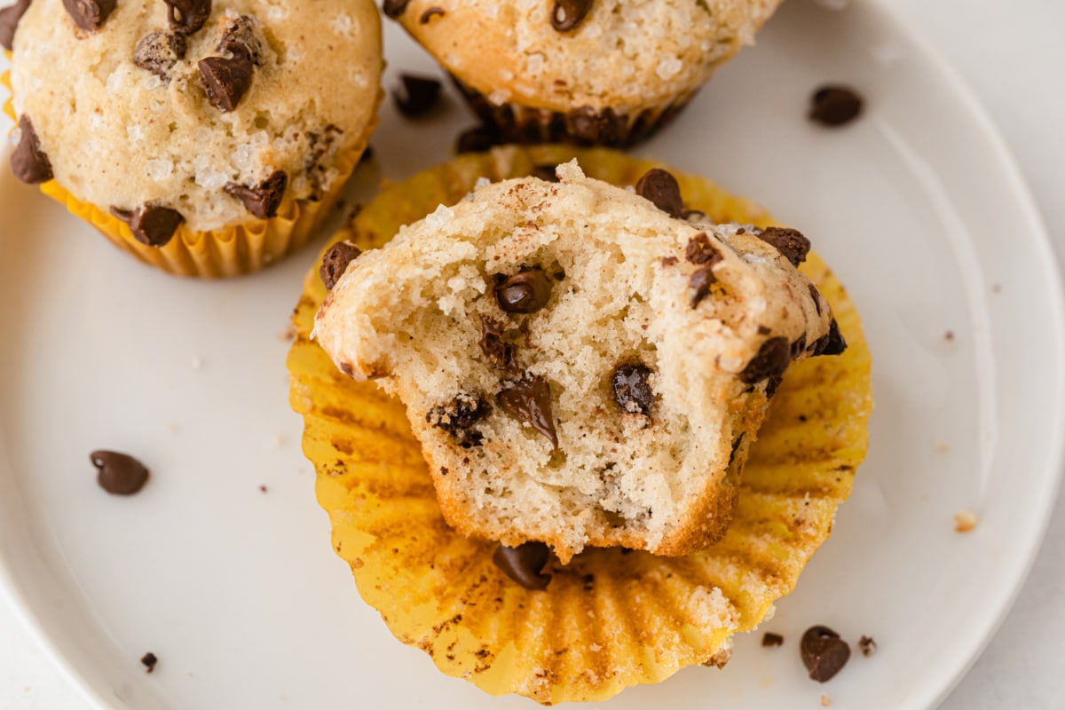 Chocolate chip muffins with bite taken out
