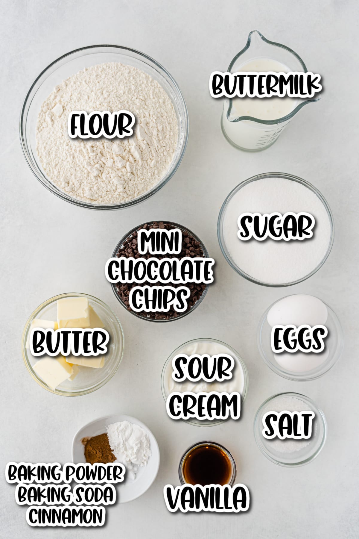 Ingredients for mini chocolate chip muffins