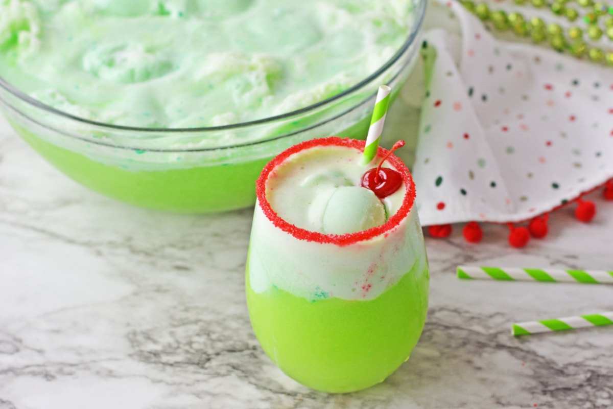 Grinch punch in bowl and glass