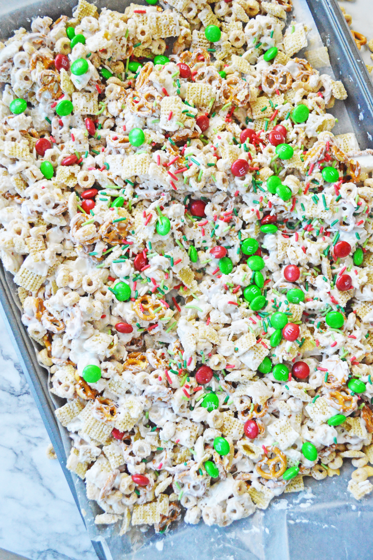 Christmas snack mix with M&M's and sprinkles
