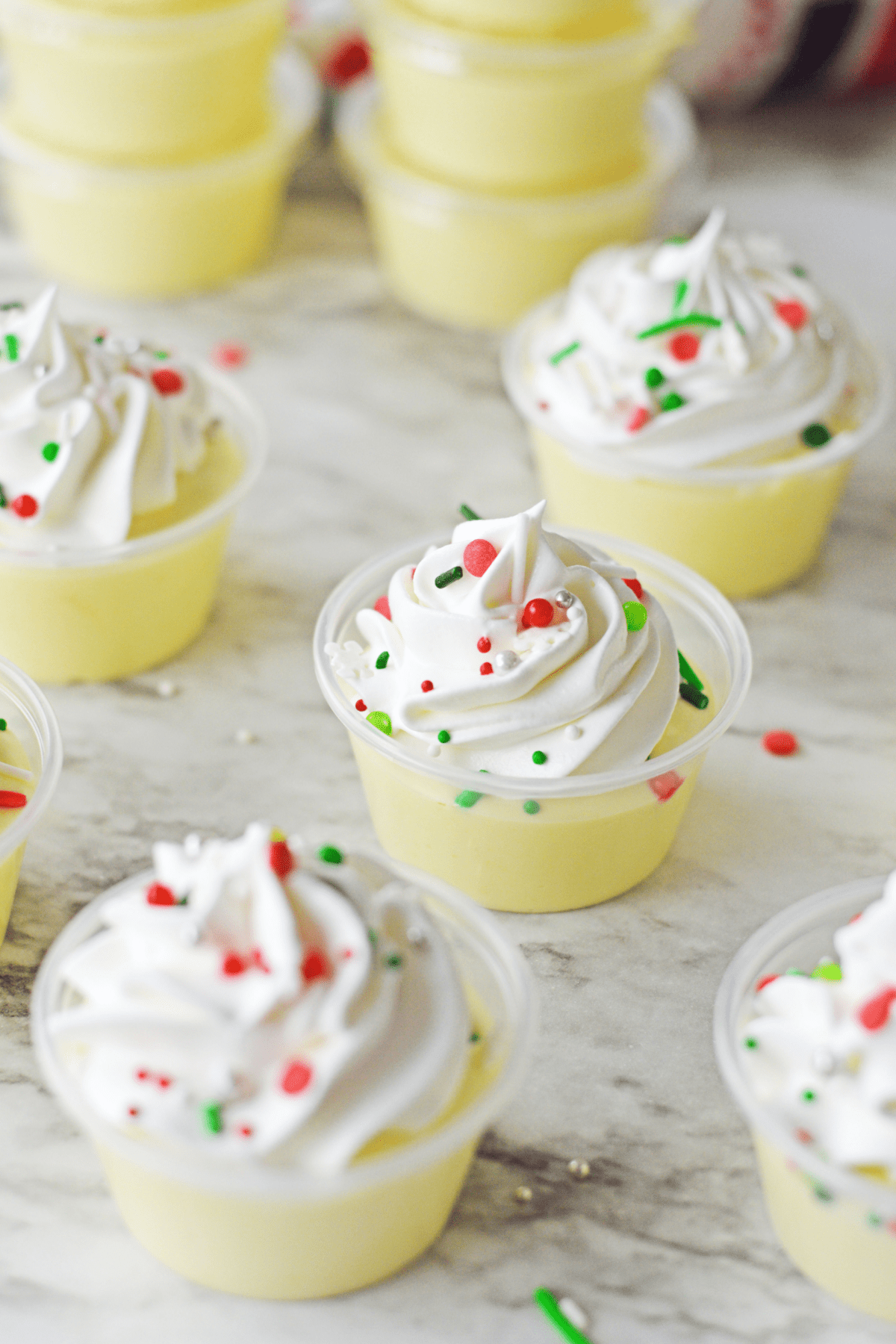 Christmas Cookie Pudding Shots on marble countertop