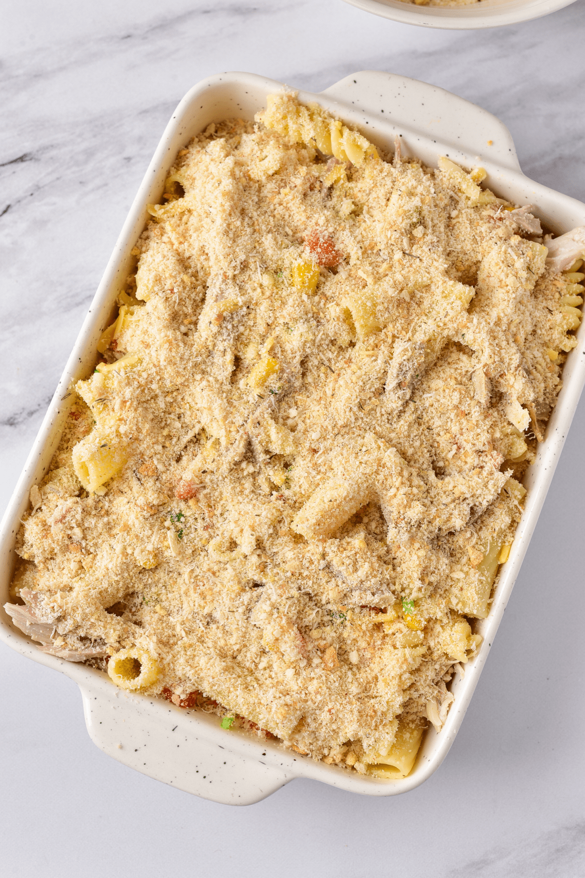 Turkey pasta bake topped with breadcrumbs