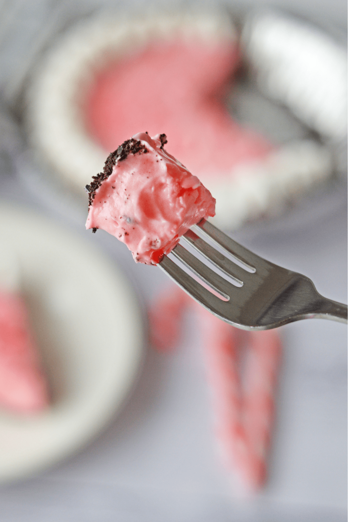 Bite of peppermint pie on fork
