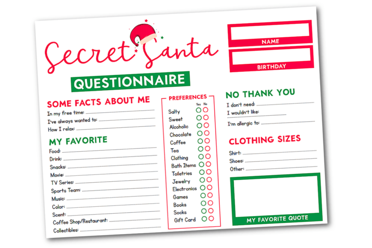 Secret Santa Questionnaire (Free Printable) - Fun Money Mom