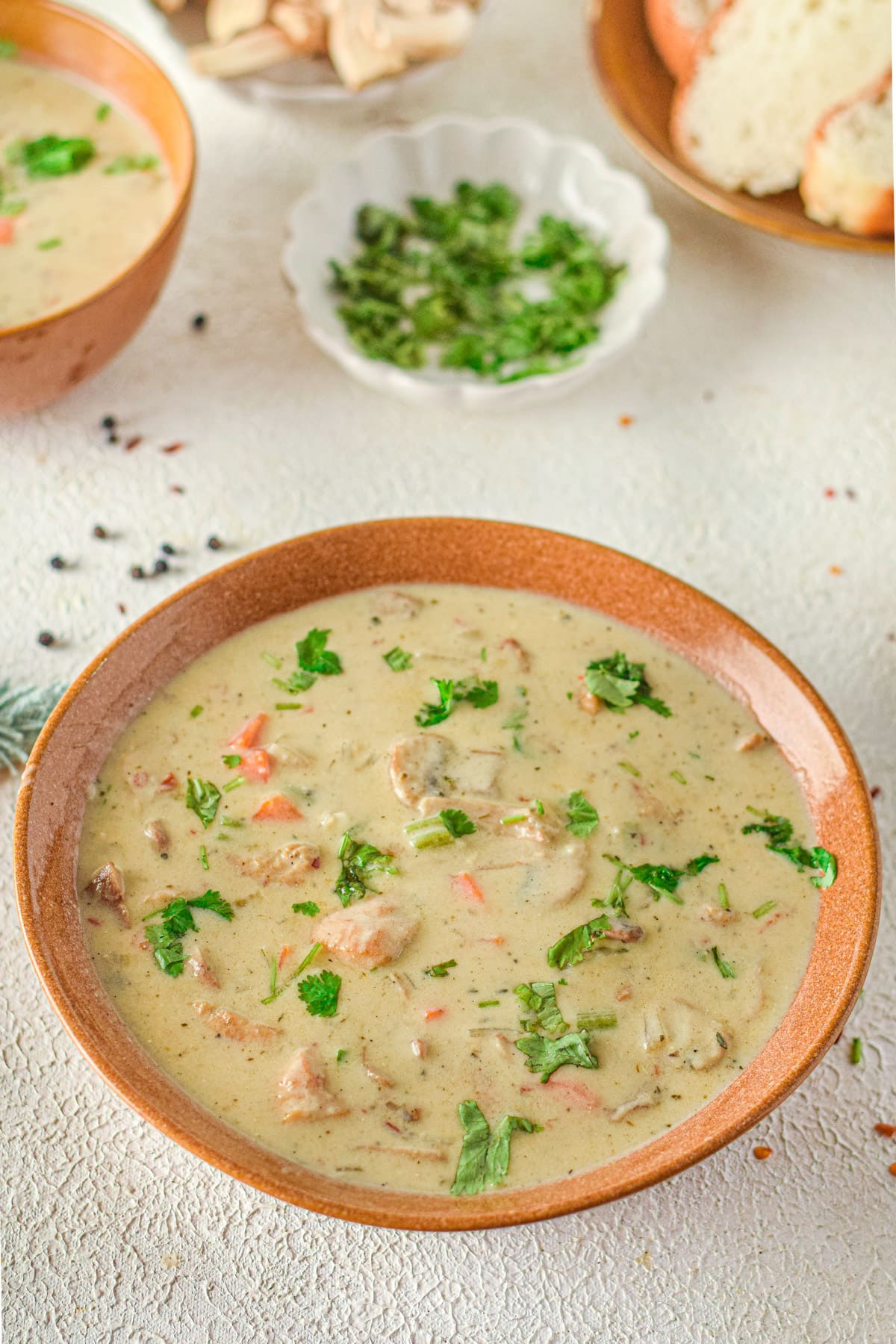 Creamy chicken and mushroom soup in bowl