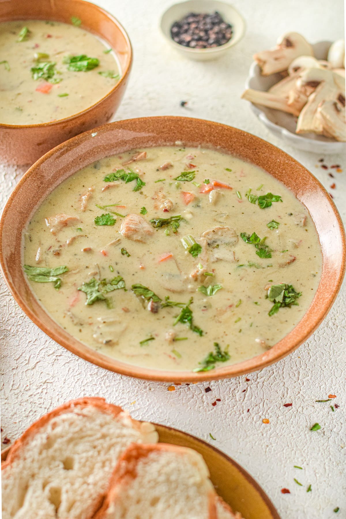 Bowl with chicken and mushroom soup