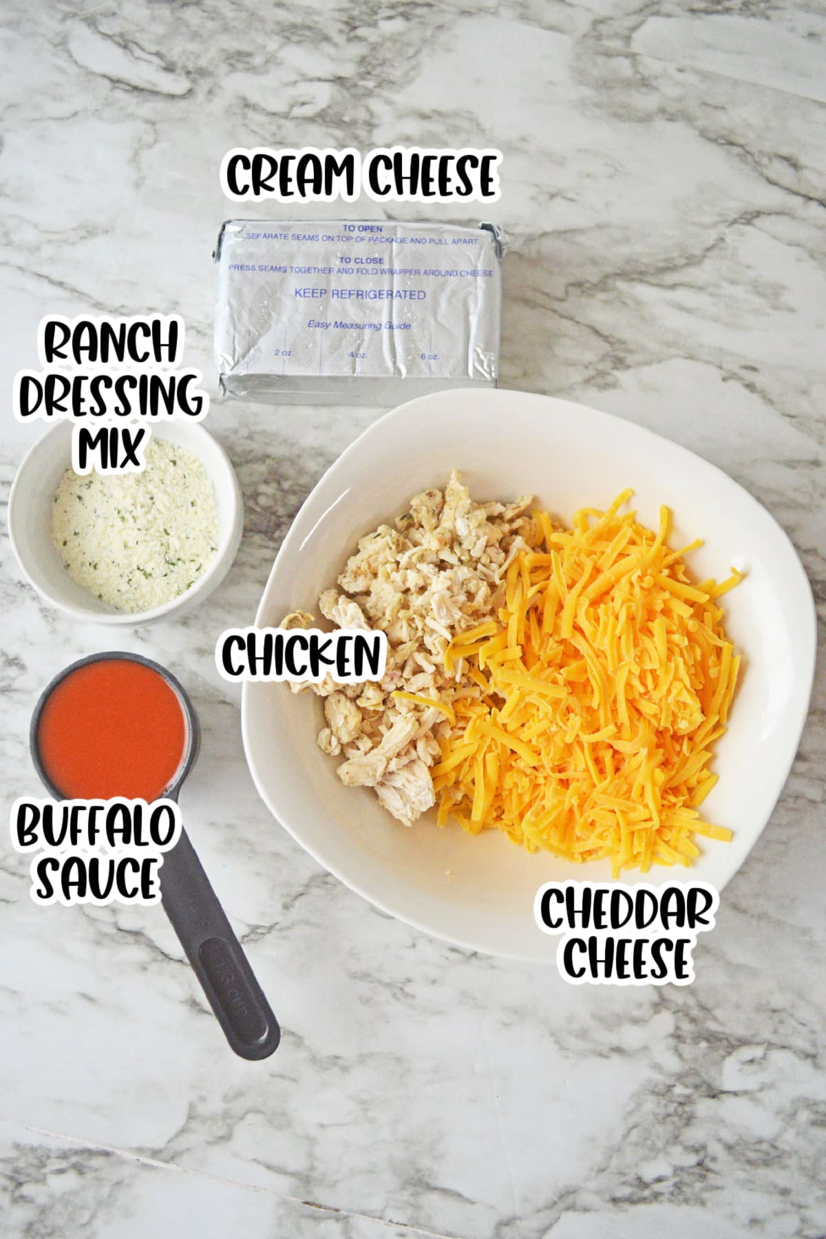 Ingredients for cold buffalo chicken dip