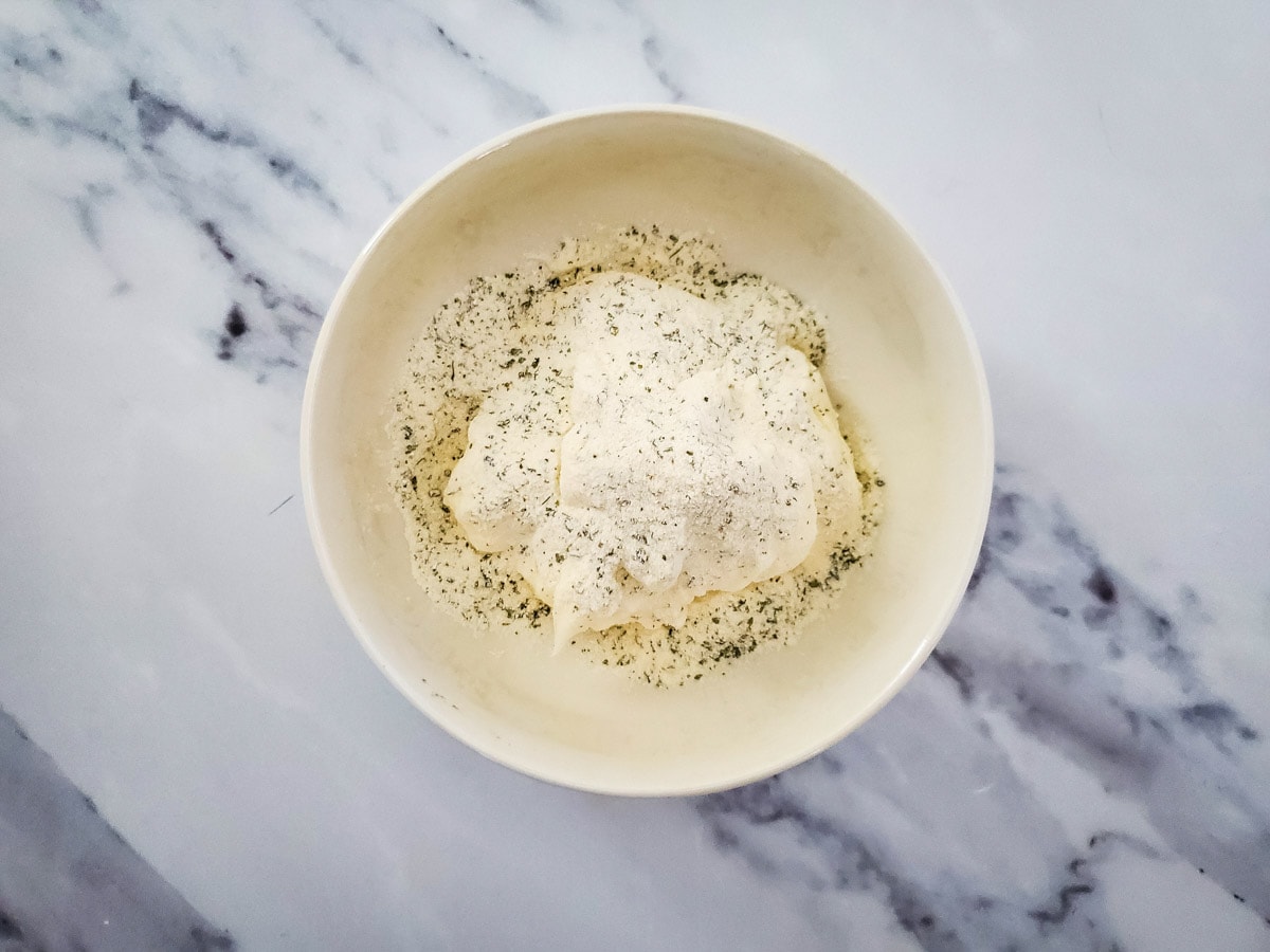 Cream cheese, mayo and ranch seasoning in mixing bowl