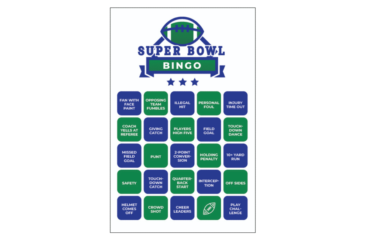 Blue and green super bowl bingo card