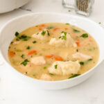 Chicken and dumplings in white bowl
