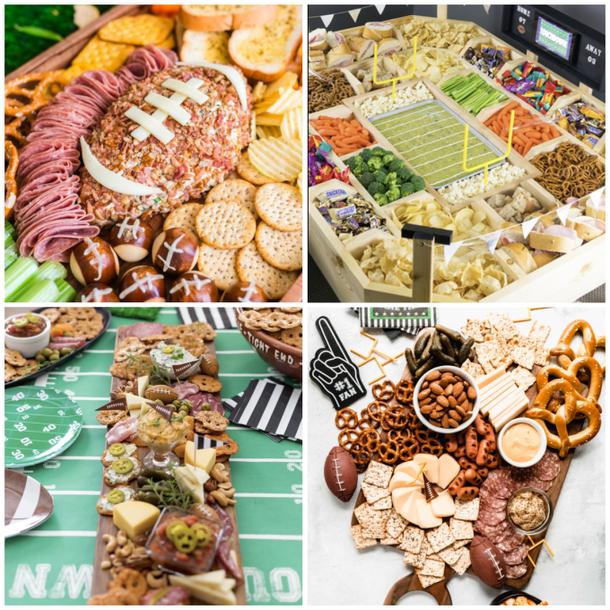 A collage of four snack platters designed for a football-themed Super Bowl event, featuring a stunning charcuterie board with cheese, meats, chips, vegetables, and pretzels arranged creatively.