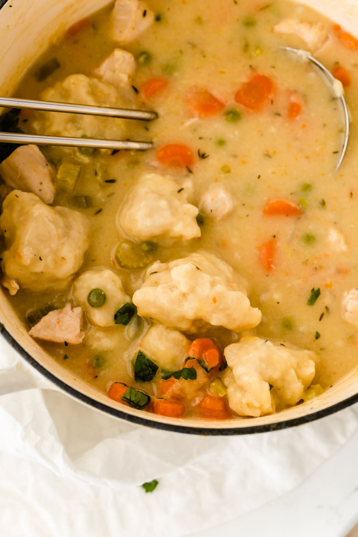 Chicken and dumpling soup up close in pot