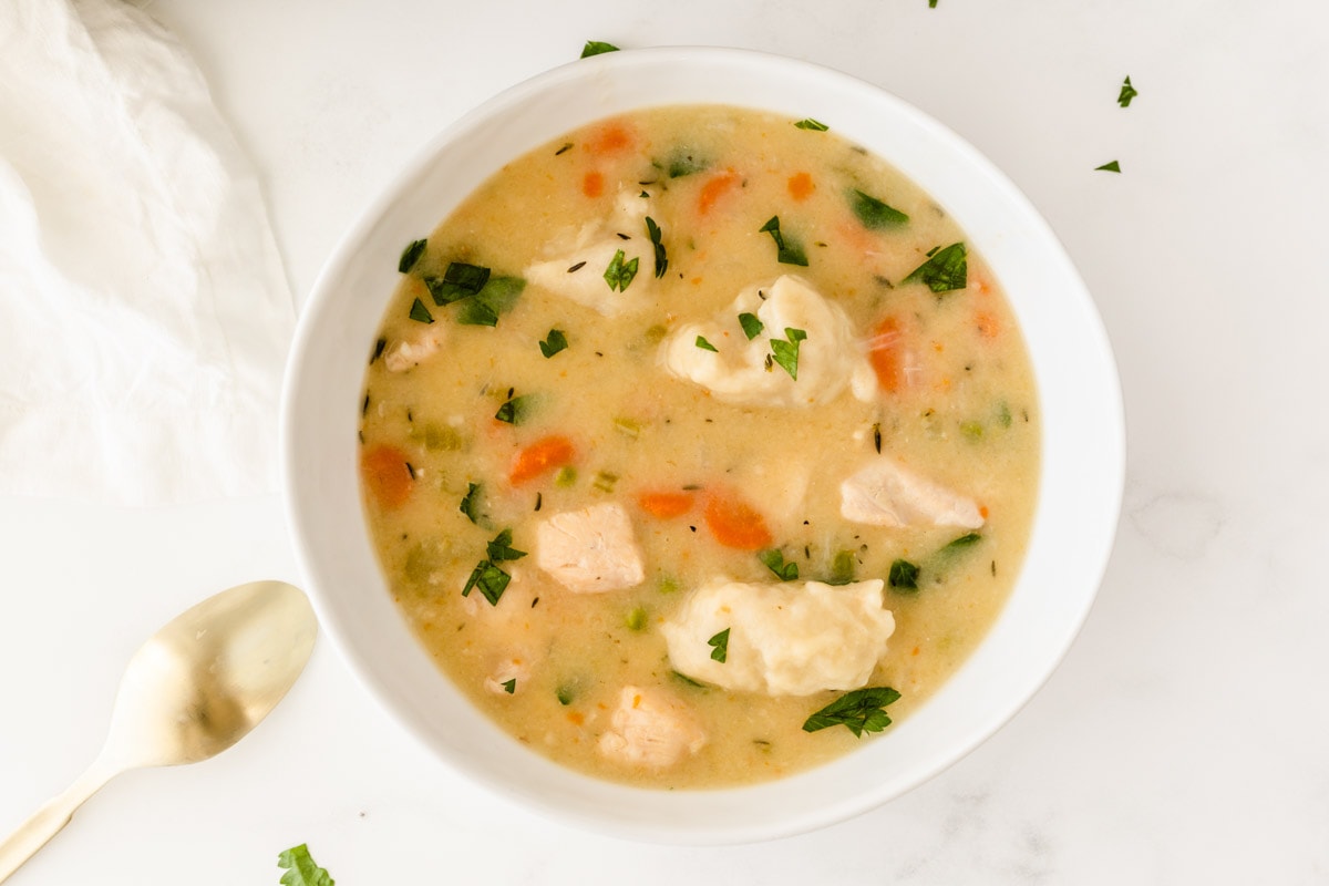 Homemade chicken and dumplings from above