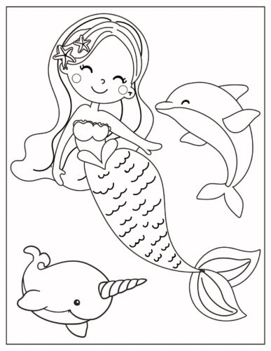 Mermaid with narwhal and dolphin