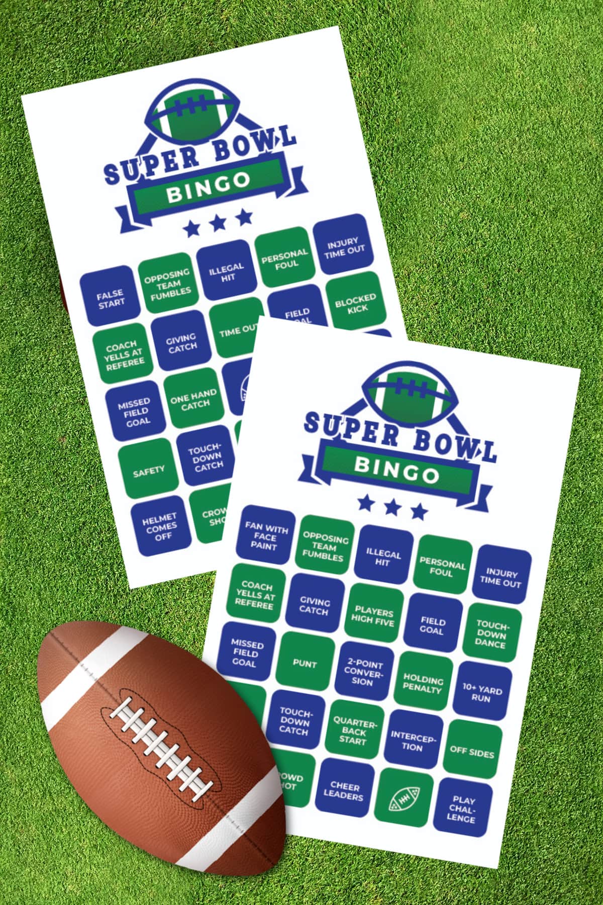 Super Bowl Bingo Cards with green background