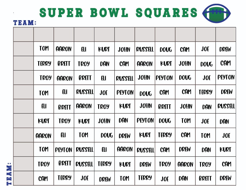 Super Bowl squares filled in with names