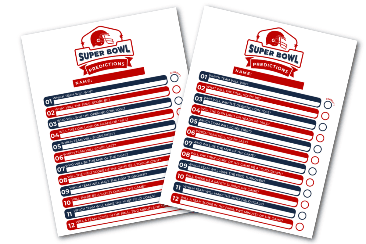 Super Bowl predictions printables on white background