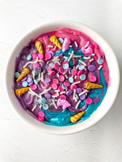 Sprinkles and edible glitter in unicorn dip