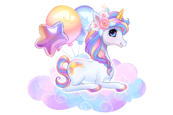 Colorful unicorn on rainbow cloud