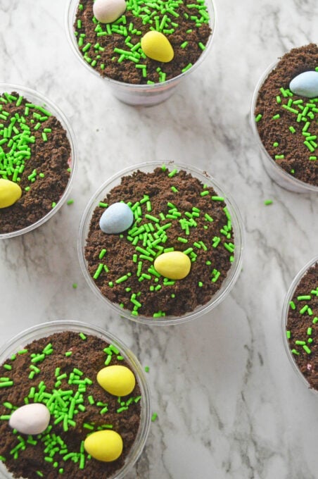 Oreo dirt cups with chocolate eggs