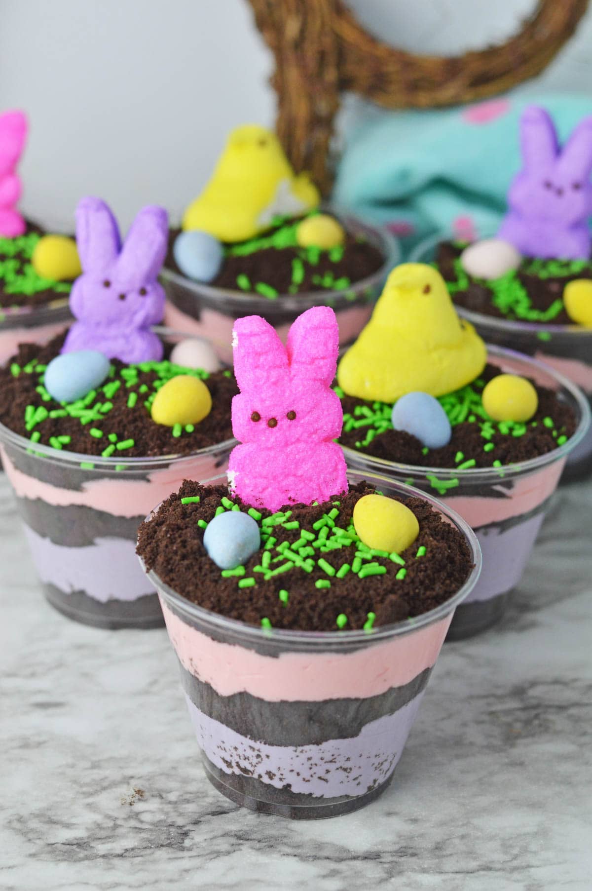 Peep Dirt Cups with pink and purple layers