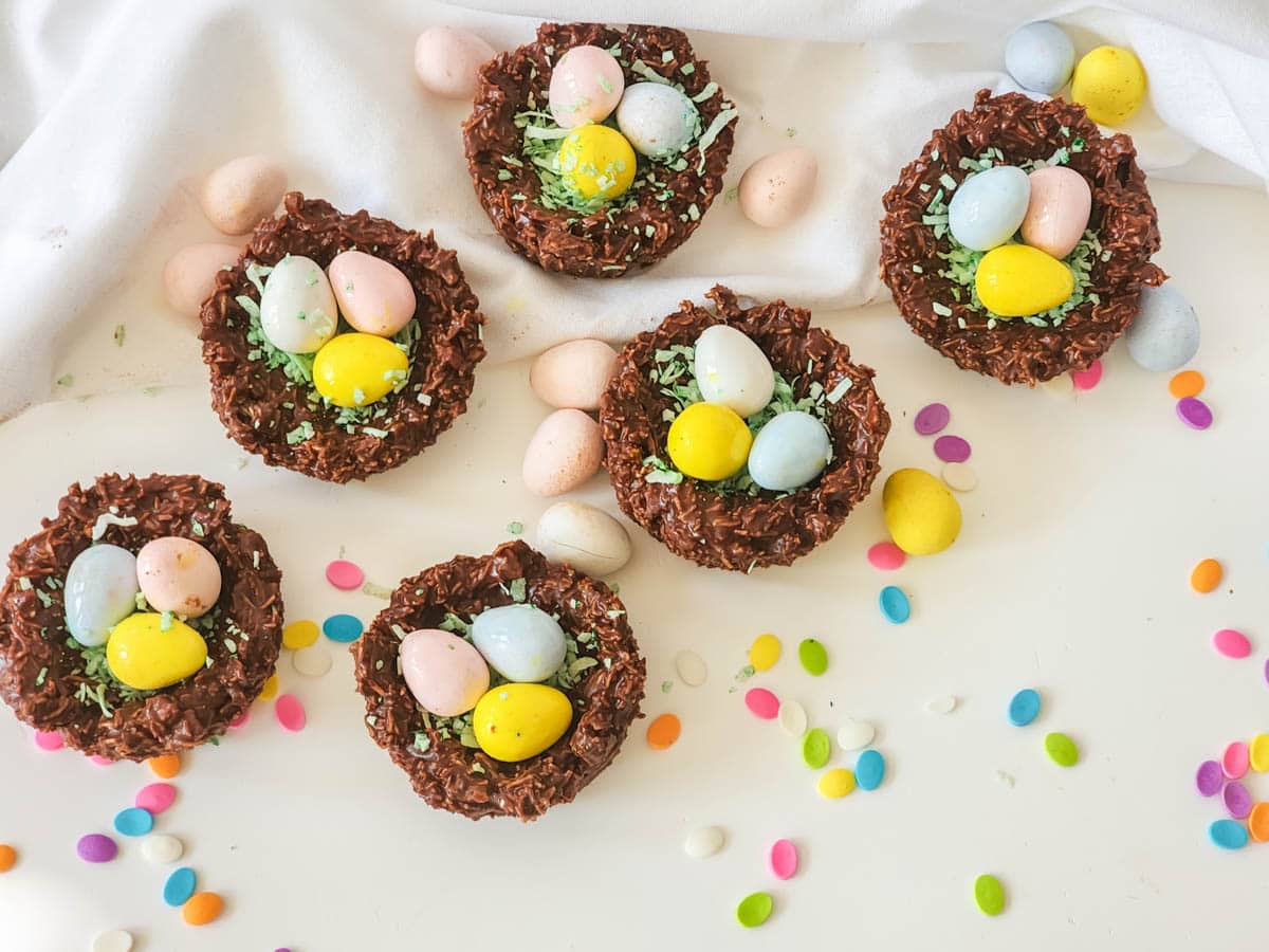 Easter egg nests from above with Easter sprinkles