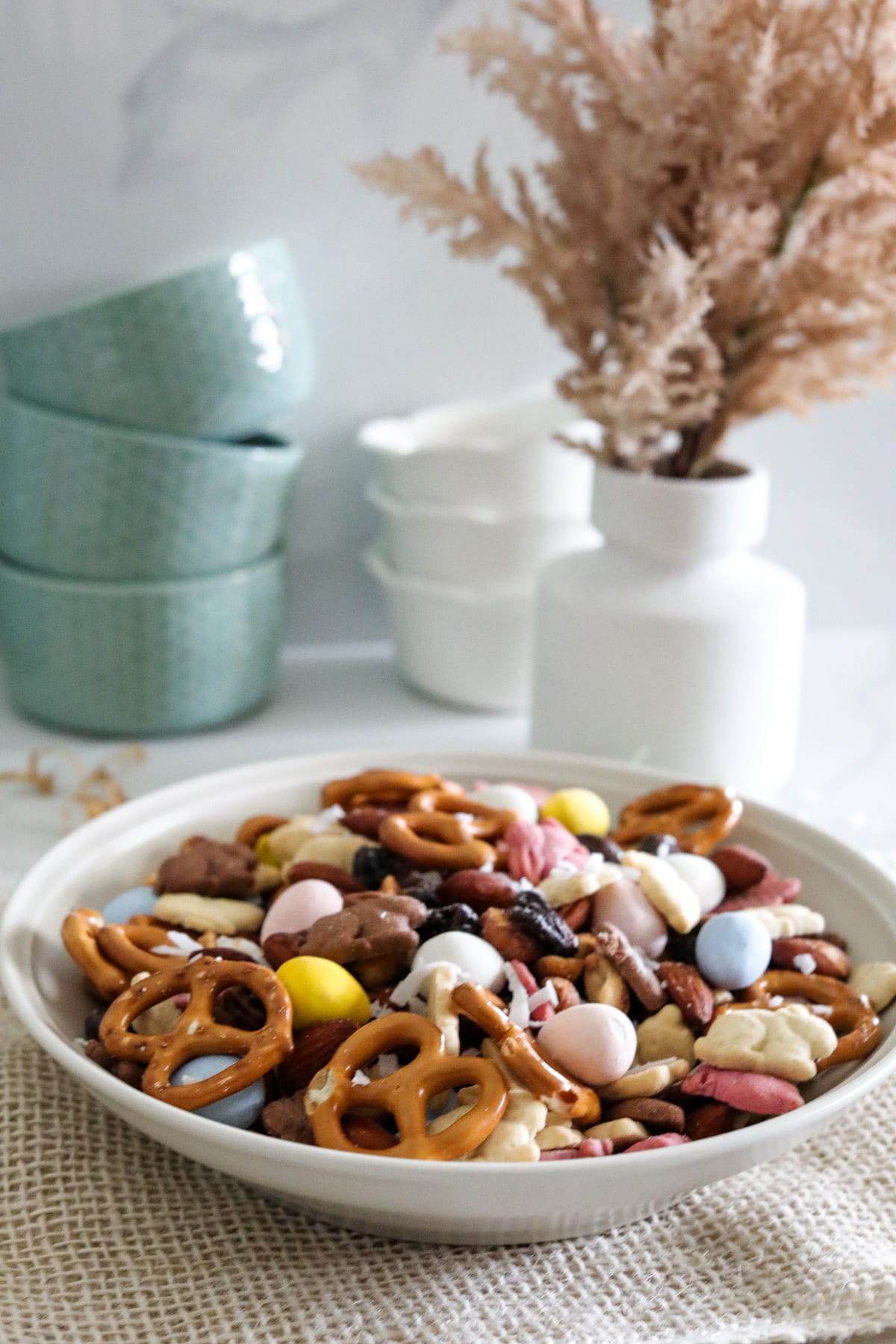 Easter snack mix in white bowl