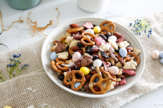 Easter Snack Mix with pretzels, chocolate eggs and more
